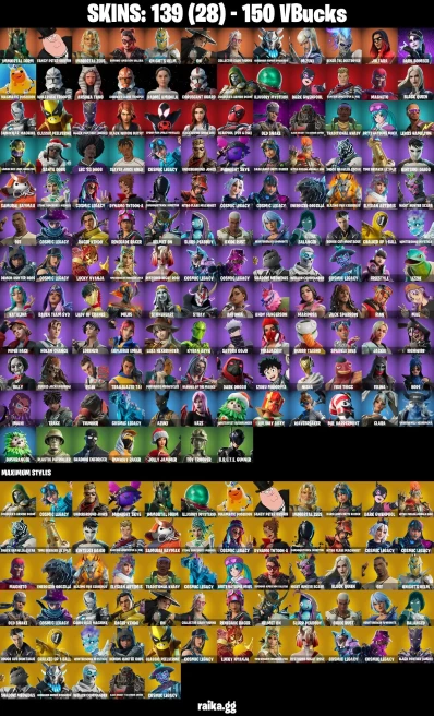 139 skins | Joltara | Mizuki | Spider-Man (Miles Morales) | Immortal Form | Fancy Peter Griffin | Immortal Zeus | A1682