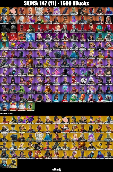 147 skins | Lara Croft | Eren Jaeger | Mandalorian | Spider-Man | Tart Tycoon | Fancy Peter Griffin | Combat Elite | A1683