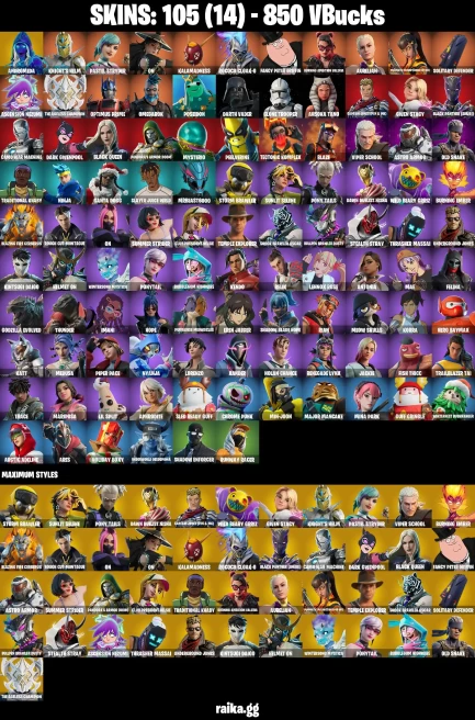 105 skins | Eren Jaeger | Andromeda | Knight's Helm | Pastel Stryder | On | Kalamadness | Rococo Cloak-o | A1697
