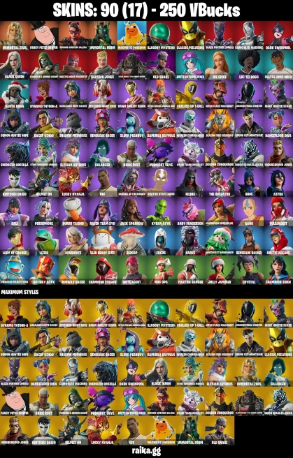 90 skins | Renegade Raider | Immortal Zeus | Fancy Peter Griffin | Burning Ambition Valeria | Immortal Form | A1712