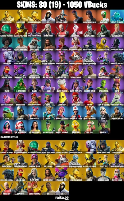 80 skins | Gold Midas | Gold Brutus | Gold Meowscles | XEV | Eternal Knight | Fade | Gear Specialist Maya | Backlash | A1713