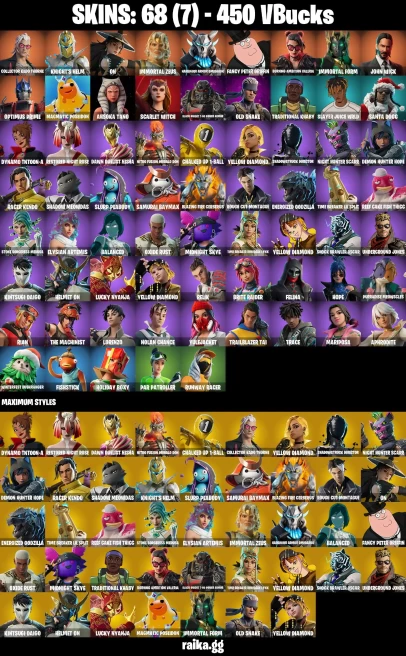 68 skins | John Wick | Collector Kado Thorne | Knight's Helm | On | Immortal Zeus | Harbinger Armor Omegarok | A1714