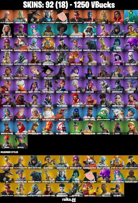 92 skins | Skull Trooper | Renegade Raider | Joltara | Collector Kado Thorne | Knight's Helm | On | A1729