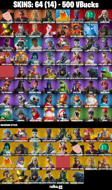 64 skins | Fancy Peter Griffin | Burning Ambition Valeria | Immortal Zeus | Immortal Form | Magmatic Poseidon | A2025
