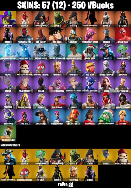 57 skins | Skull Trooper | Orange Justice | Son Goku | Spider-Man | Hot Marat | End Zone | STAGE 5 | Ronin (Cape) | A2036