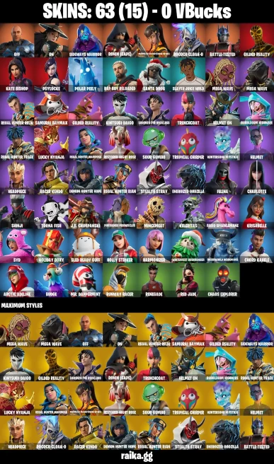 63 skins | off | On | Sideways Warrior | Ronin (Cape) | Magmatic Mizuki (Cover-up Off) | Rococo Cloak-o | Battle-Tested | A2062