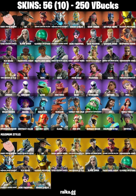 56 skins | Fancy Peter Griffin | On | Burning Ambition Valeria | Harbinger Armor Omegarok | Knight's Helm | Kado Thorne | A2130