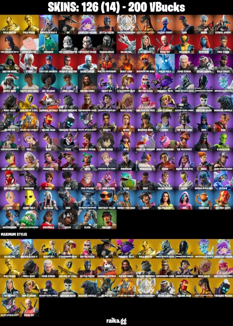 126 skins | Astroworld Cyclone | Gold Midas | Gold Brutus | Eren Jaeger | Peter Griffin | Mandalorian | Rococo Cloak-o | A2185