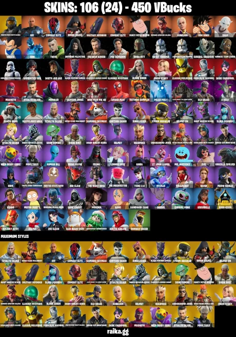 106 skins | Orange Justice | Son Goku | Spider-Man | Master Chief (Matte Black) | off | Combat Elite | Ronin (Cape) | A2193