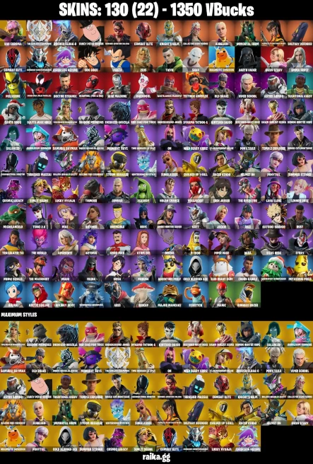 130 skins | Son Goku | Eren Jaeger | Spider-Man (Miles Morales) | Vivi Chroma | Combat Elite | Rococo Cloak-o | A2373