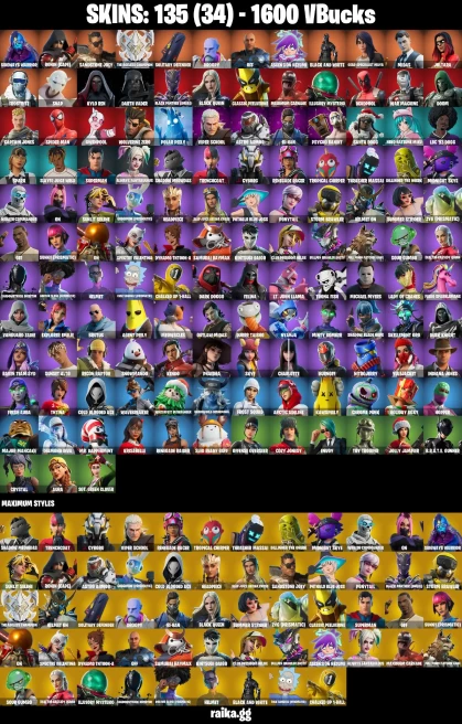 135 skins | Psycho Bandit | Kylo Ren | Renegade Raider | Joltara | Spider-Man | Sideways Warrior | Ronin (Cape) | A2687