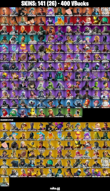 141 skins | Son Goku | Eren Jaeger | Candy Axe | Aurelian | Rococo Cloak-o | On | Pastel Stryder | A2696