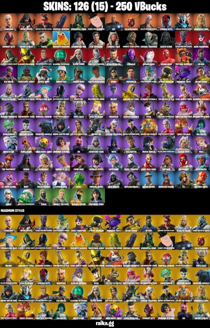 126 skins | Skull Trooper | Renegade Raider | Spider-Man | Spider-Gwen | Aurelian | Ronin (Cape) | A2697