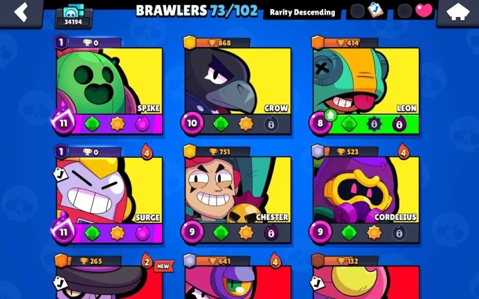 BS708//34000 Trophies 73 Brawlers 6 Legendaries 5 Power 11 4 Hypercharges 170 Skins