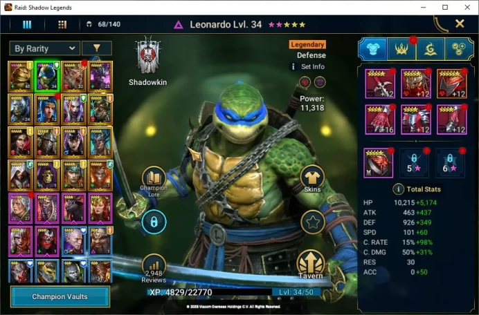 Lv22 636K Power|Combo Turtles(Leonardo,Michelangelo)|16 Legendary(Ninja,Alice,Gnishak,Helicath,Etc)|51K Energy|Plarium|(RSL1406)