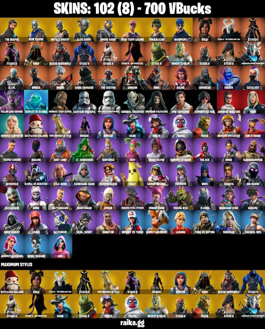 102 skins | The Reaper | Royale Knight | Blue Squire | Take The L | Orange Justice | Trailblazer | Elite Agent | A2733