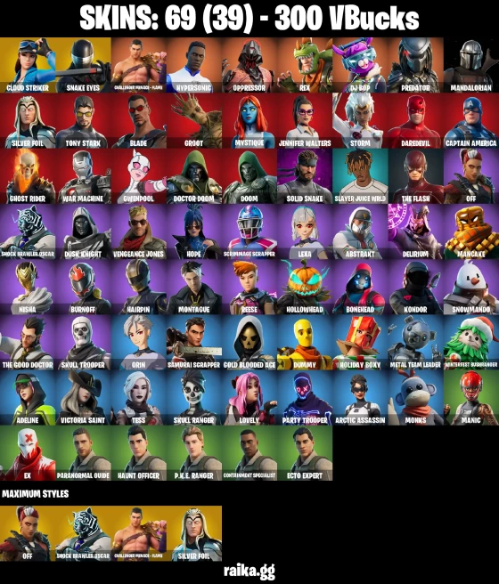 69 skins | Skull Trooper | Mandalorian | Cloud Striker | Snake Eyes | Challenger Menace - Flame | Hypersonic | Oppressor | A2797