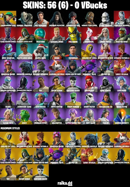 56 skins | Championship Aura | General Grievous | Poe Dameron | Emperor Palpatine | Apprentice Evie | A2802