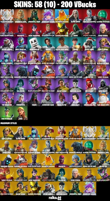58 skins | The Ageless Champion | Immortal Zeus | Immortal Form | Ascension Nezumi | Magmatic Poseidon | Black Queen | A2804