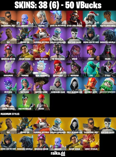 38 skins | Mizuki | Sandstone Joey | Droopy | Renzo the Destroyer | Star-Lord | Santa Dogg | Slayer Juice WRLD | off | A2844