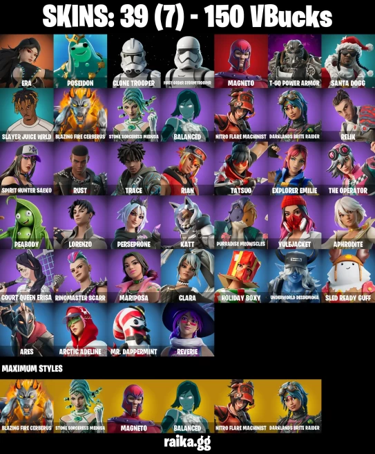 39 skins | Era | Poseidon | Clone Trooper | First Order Stormtrooper | Magneto | T-60 Power Armor | Santa Dogg | A2845