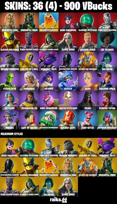 36 skins | Immortal Zeus | Immortal Form | Magmatic Poseidon | Dark Gwenpool | Illusory Mysterio | Camo War Machine | A2847