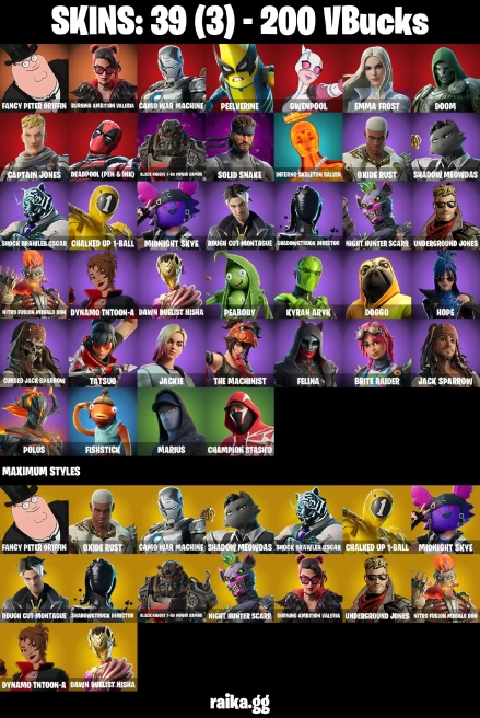 39 skins | Fancy Peter Griffin | Burning Ambition Valeria | Camo War Machine | Peelverine | Gwenpool | Emma Frost | Doom | A2852