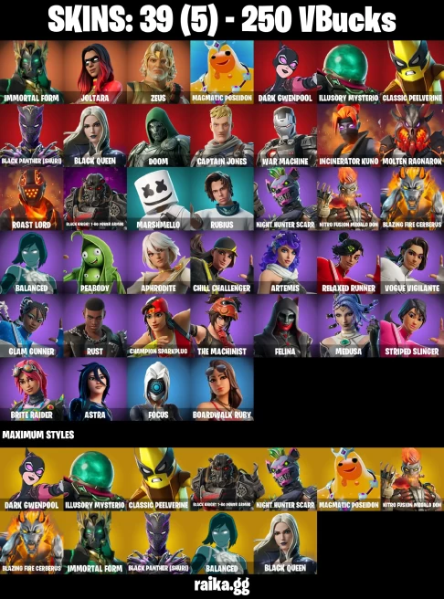 39 skins | Joltara | Immortal Form | Zeus | Magmatic Poseidon | Dark Gwenpool | Illusory Mysterio | Classic Peelverine | A2855