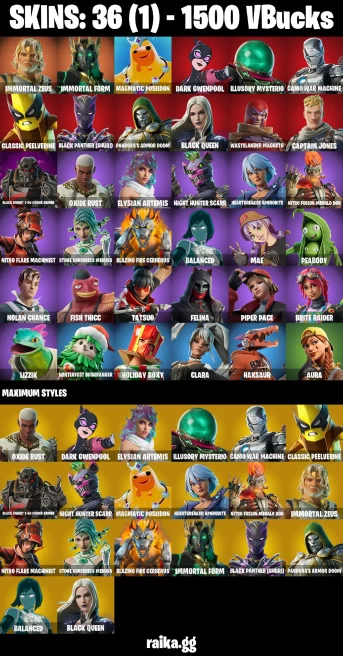 36 skins | Immortal Zeus | Immortal Form | Magmatic Poseidon | Dark Gwenpool | Illusory Mysterio | Camo War Machine | A2857