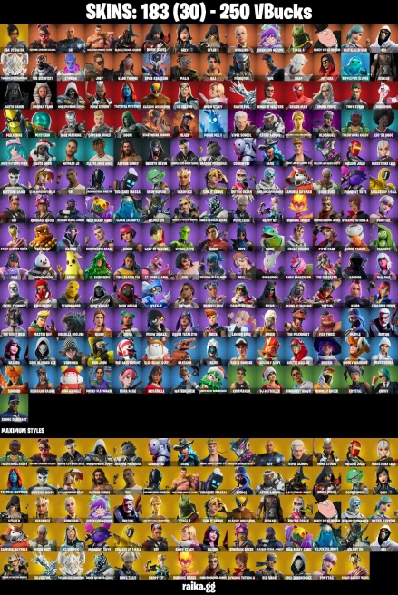183 skins | Skull Trooper | Renegade Raider | Joltara | Spider-Man | Take The Elf | Hot Marat | NBA 75 Swish | A2916