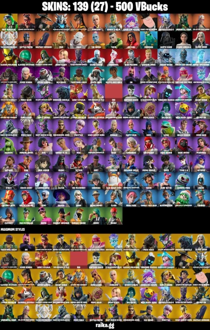 139 skins | Eren Jaeger | Joltara | Candy Axe | FNCS Renegade | Burning Ambition Valeria | On | Harbinger Armor Omegarok | A2930