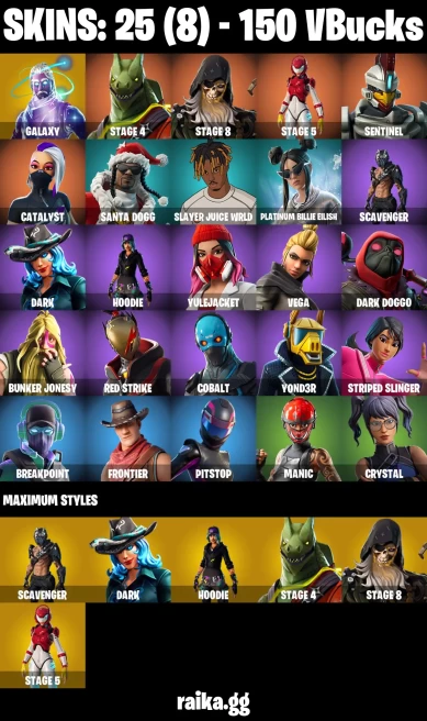 25 skins | Galaxy | Take The Elf | STAGE 4 | STAGE 8 | STAGE 5 | Sentinel | Catalyst | Santa Dogg | Slayer Juice WRLD | A2970