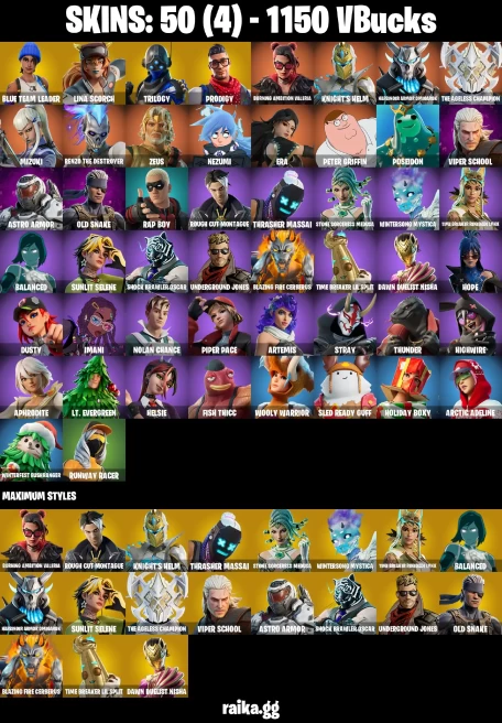 50 skins | Peter Griffin | Mizuki | Blue Team Leader | Lina Scorch | Trilogy | Prodigy | Burning Ambition Valeria | A3004
