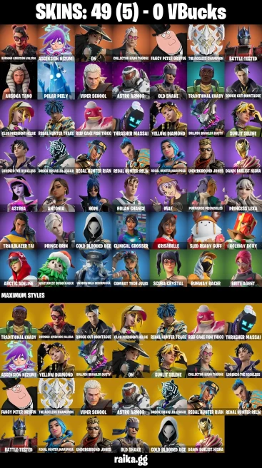 49 skins | Burning Ambition Valeria | Ascension Nezumi | On | Collector Kado Thorne | Fancy Peter Griffin | A3010