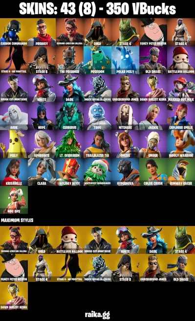 43 skins | Take The Elf | Carbon Commando | Prodigy | Burning Ambition Valeria | Gold | STAGE 4 | Fancy Peter Griffin | A3014