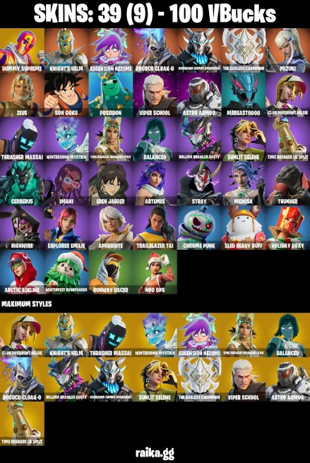 39 skins | Son Goku | Eren Jaeger | Mizuki | Dummy Supreme | Knight's Helm | Ascension Nezumi | Rococo Cloak-o | A3020