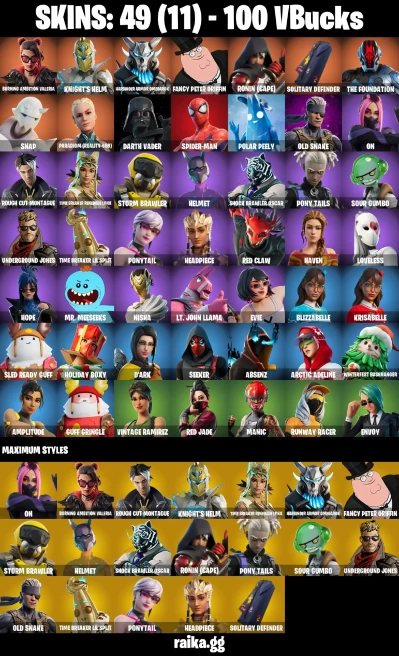 49 skins | Spider-Man | Burning Ambition Valeria | Knight's Helm | Harbinger Armor Omegarok | Fancy Peter Griffin | A3021