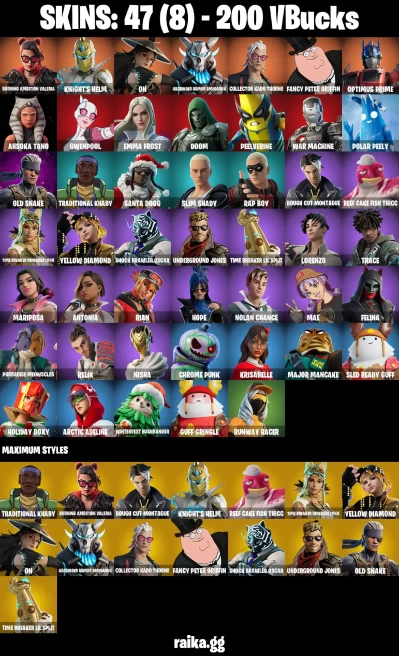 47 skins | Spider-Man | Burning Ambition Valeria | Knight's Helm | Harbinger Armor Omegarok | Fancy Peter Griffin | A3022