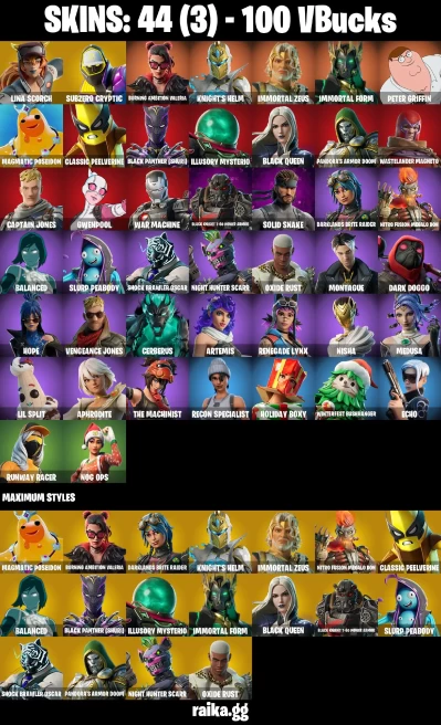 44 skins | Peter Griffin | Lina Scorch | Subzero Cryptic | Burning Ambition Valeria | Knight's Helm | Immortal Zeus | A3024