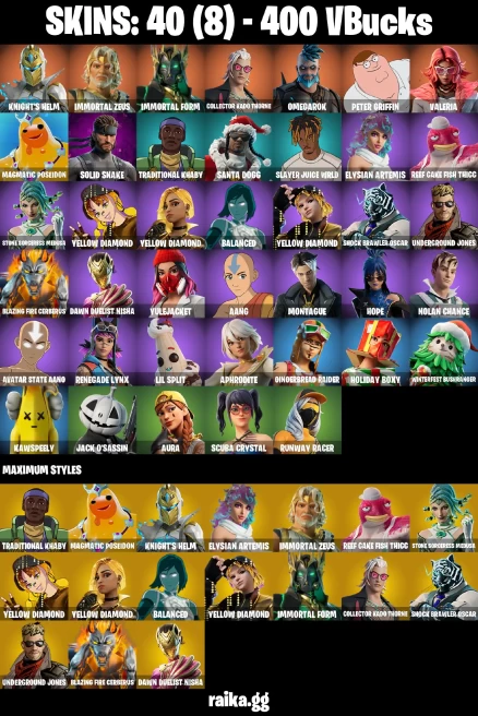 40 skins | Peter Griffin | Knight's Helm | Immortal Zeus | Immortal Form | Collector Kado Thorne | Omegarok | Valeria | A3028