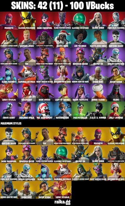 42 skins | Magneto | Classic Peelverine | Dark Gwenpool | Black Panther (Shuri) | Illusory Mysterio | Black Queen | A3029