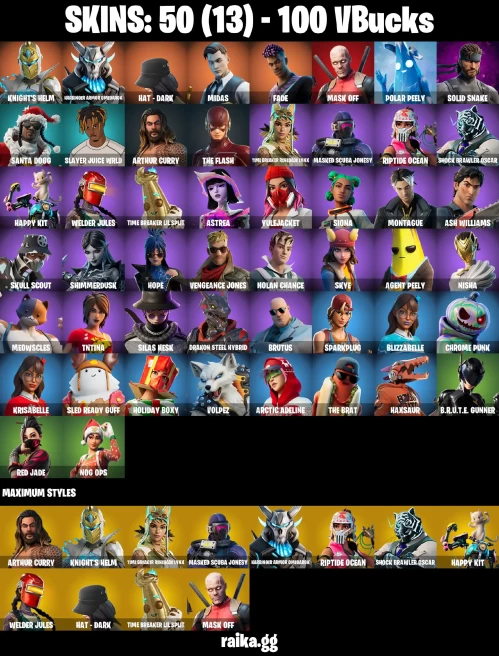 50 skins | Spider-Man (No Way Home) | Bi-Han | Brite Hatsune Miku | Santa Dogg | LBC '93 Dogg | Slayer Juice WRLD | A3032
