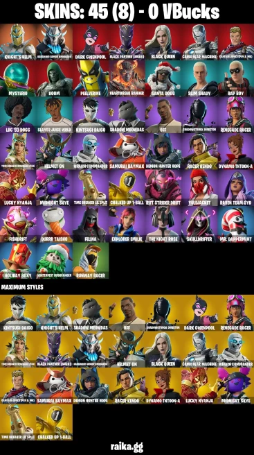 45 skins | Knight's Helm | Harbinger Armor Omegarok | Dark Gwenpool | Black Panther (Shuri) | Black Queen | A3039