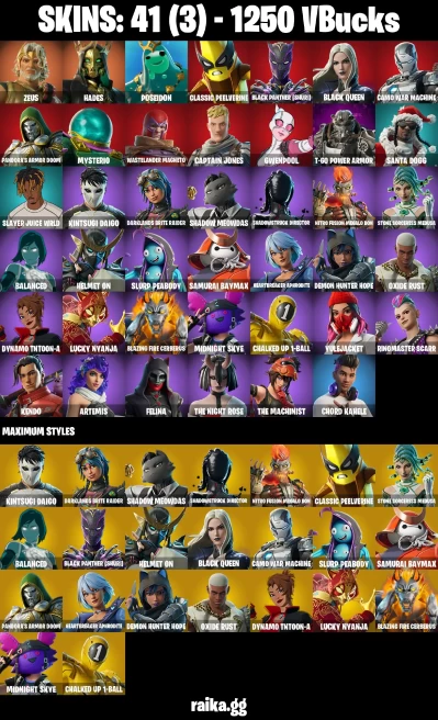 41 skins | Zeus | Hades | Poseidon | Classic Peelverine | Black Panther (Shuri) | Black Queen | Camo War Machine | A3040
