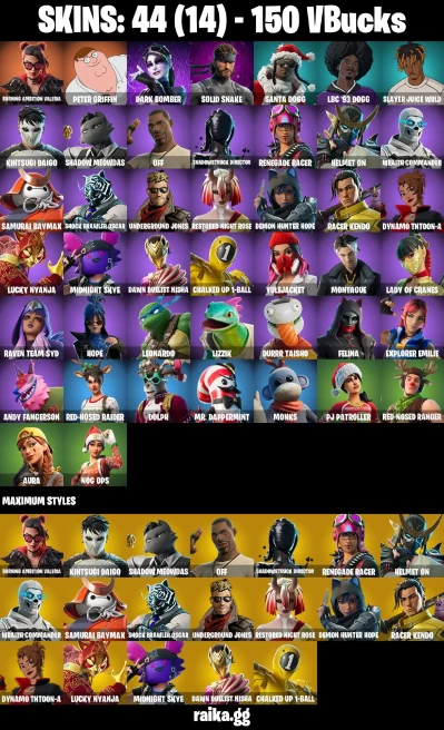 44 skins | Peter Griffin | Burning Ambition Valeria | Dark Bomber | Solid Snake | Santa Dogg | LBC '93 Dogg | A3041