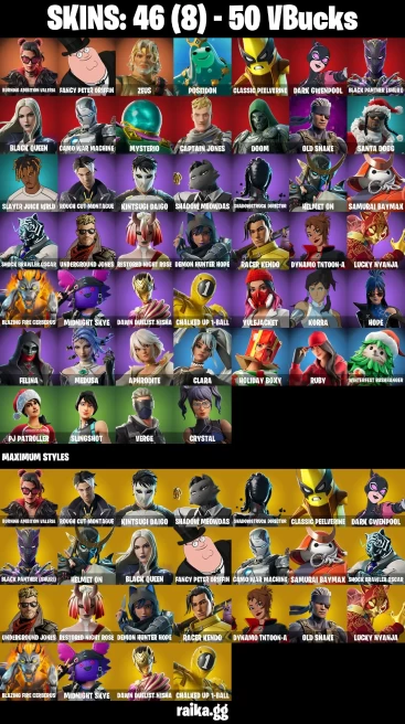 46 skins | Burning Ambition Valeria | Fancy Peter Griffin | Zeus | Poseidon | Classic Peelverine | Dark Gwenpool | A3042