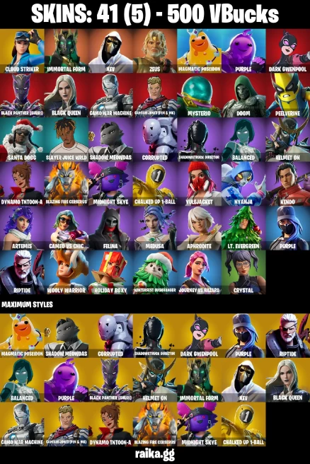 41 skins | Cloud Striker | Immortal Form | XEV | Zeus | Magmatic Poseidon | PURPLE | Dark Gwenpool | A3043