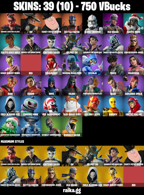 39 skins | Burning Ambition Valeria | On | Fancy Peter Griffin | Battle-Tested | Clone Trooper | Old Snake | Santa Dogg | A3044