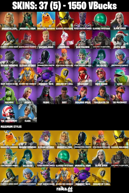 37 skins | Immortal Zeus | Immortal Form | Magmatic Poseidon | Classic Peelverine | Black Panther (Shuri) | A3045
