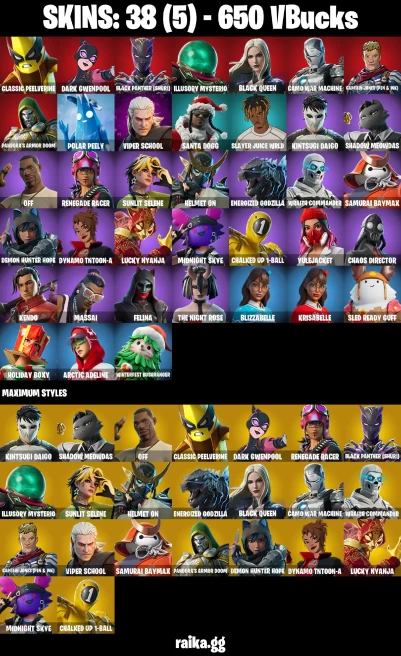 38 skins | Classic Peelverine | Dark Gwenpool | Black Panther (Shuri) | Illusory Mysterio | Black Queen | A3048